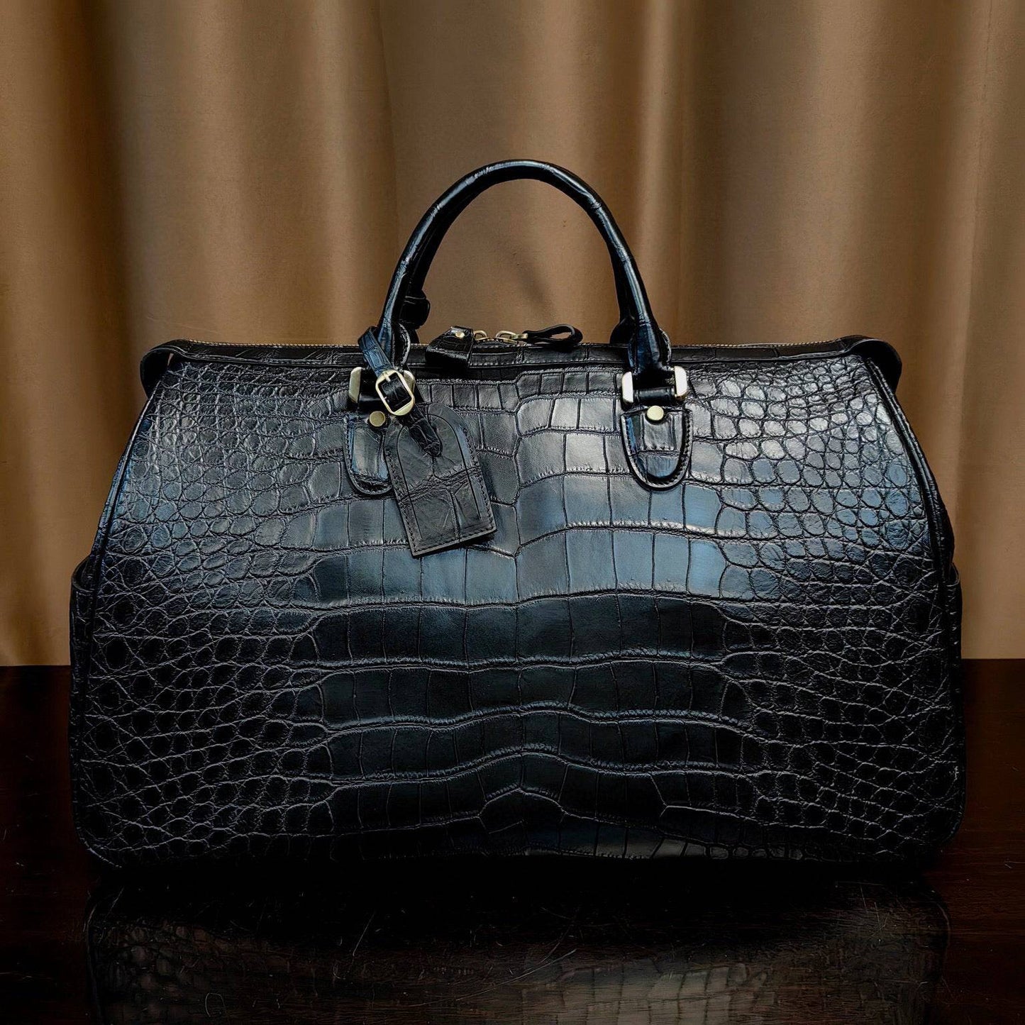 Genuine crocodile leather large travel duffel bag by Rossie Viren, super XL size with sturdy handbag design and textured crocodile pattern.