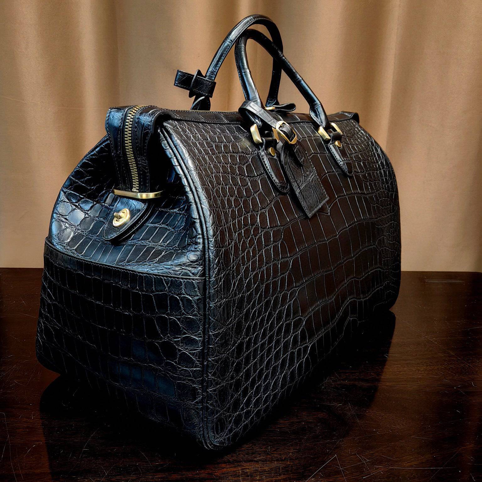 Genuine crocodile leather Super XL travel duffel bag by Rossie Viren, large handbag with sturdy handles and textured crocodile pattern.