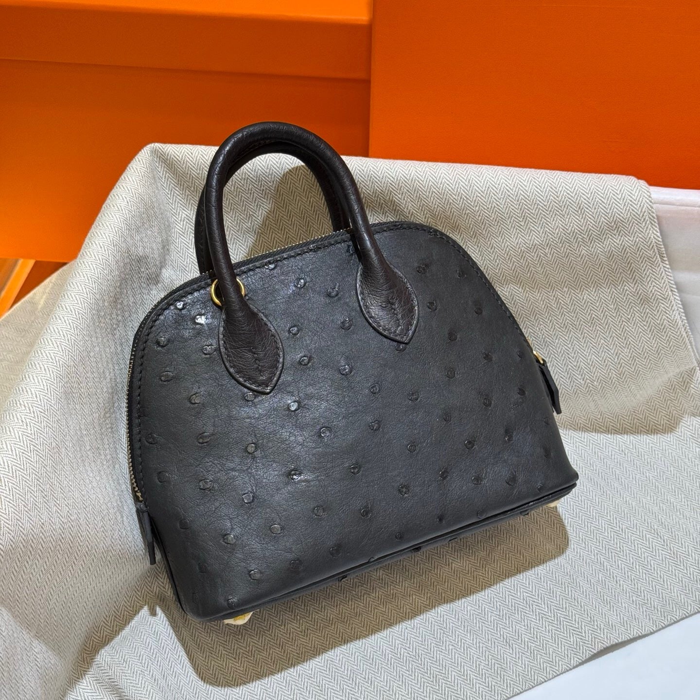 Womens Genuine Ostrich SKin Leather Shell Promennade Trapezoid Cross Body Bag Mini