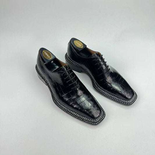 Crocodile Shoes Men's Crocodile Leather Norwegian Sewn Seam 4 Lines Sole  Lace Up Dress Shoes Black