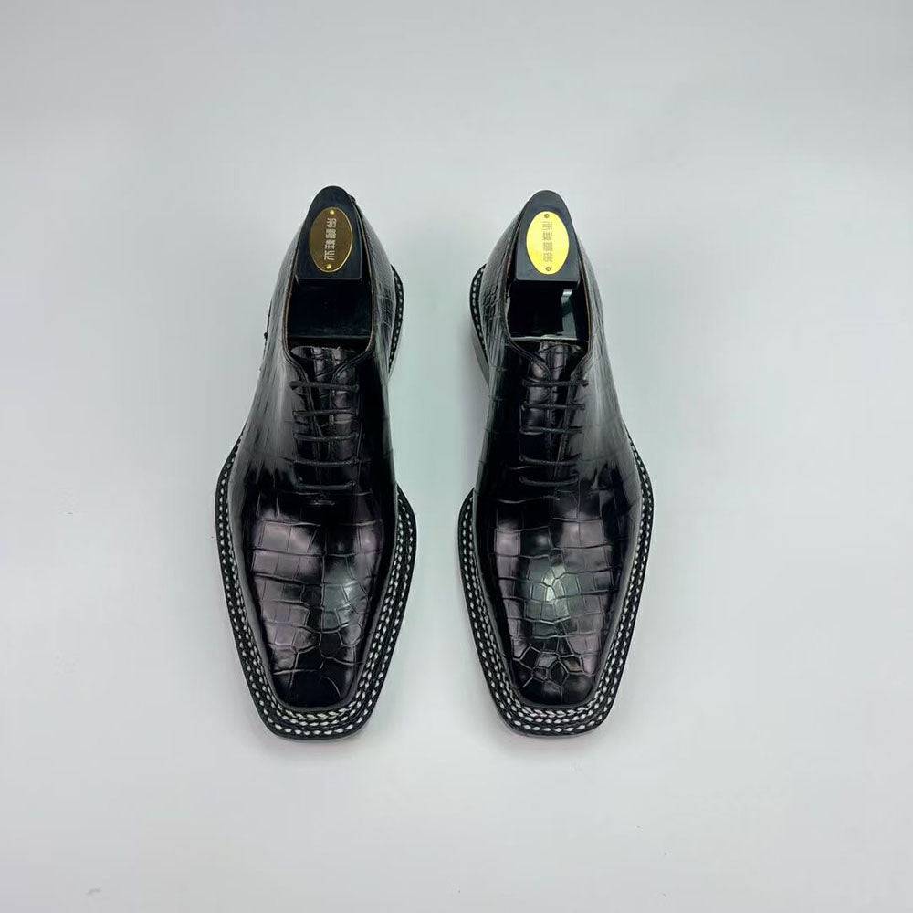 Crocodile Shoes Men's Crocodile Leather Norwegian Sewn Seam 4 Lines Sole  Lace Up Dress Shoes Black