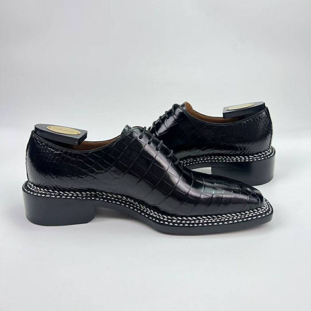 Crocodile Shoes Men's Crocodile Leather Norwegian Sewn Seam 4 Lines Sole  Lace Up Dress Shoes Black