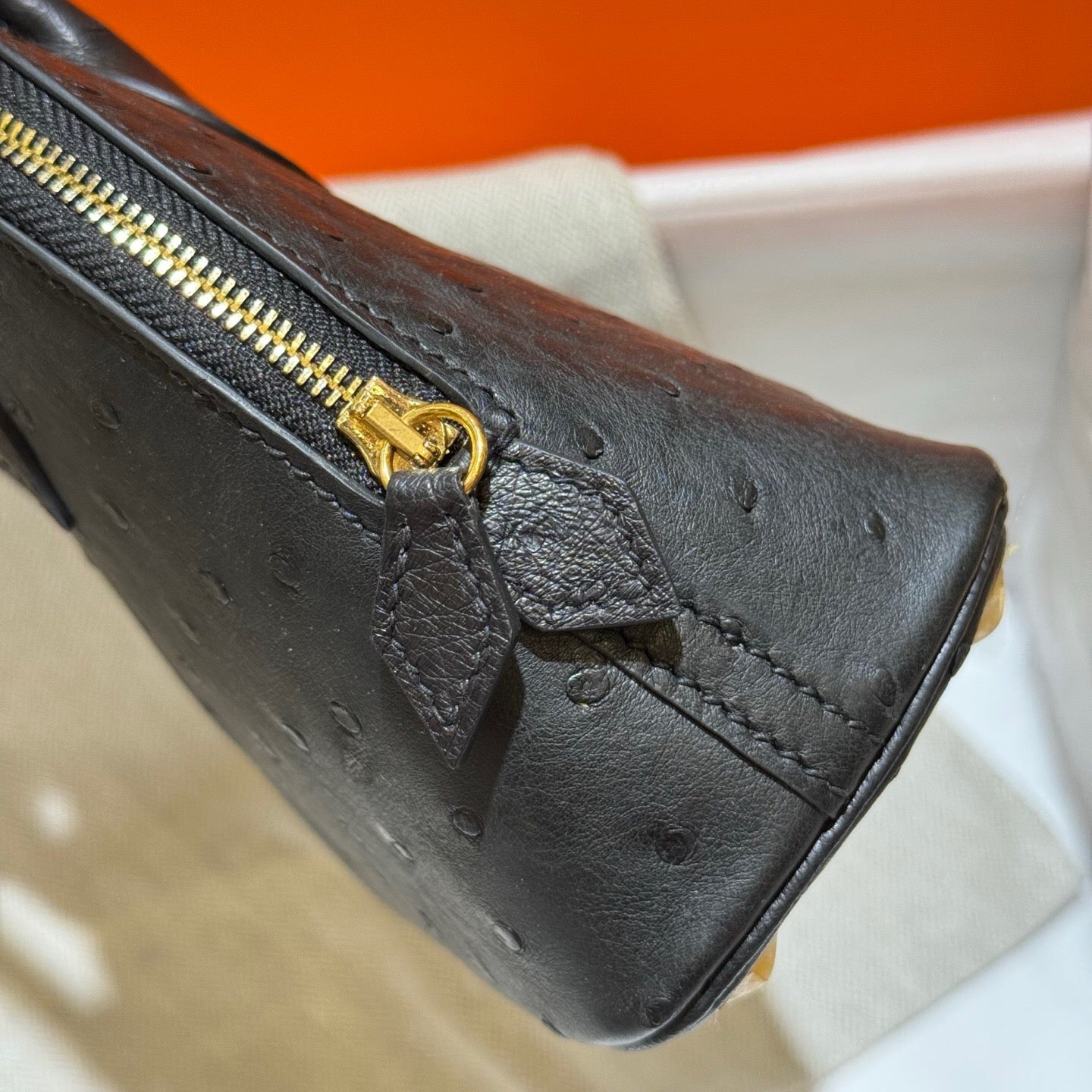 Womens Genuine Ostrich SKin Leather Shell Promennade Trapezoid Cross Body Bag Mini