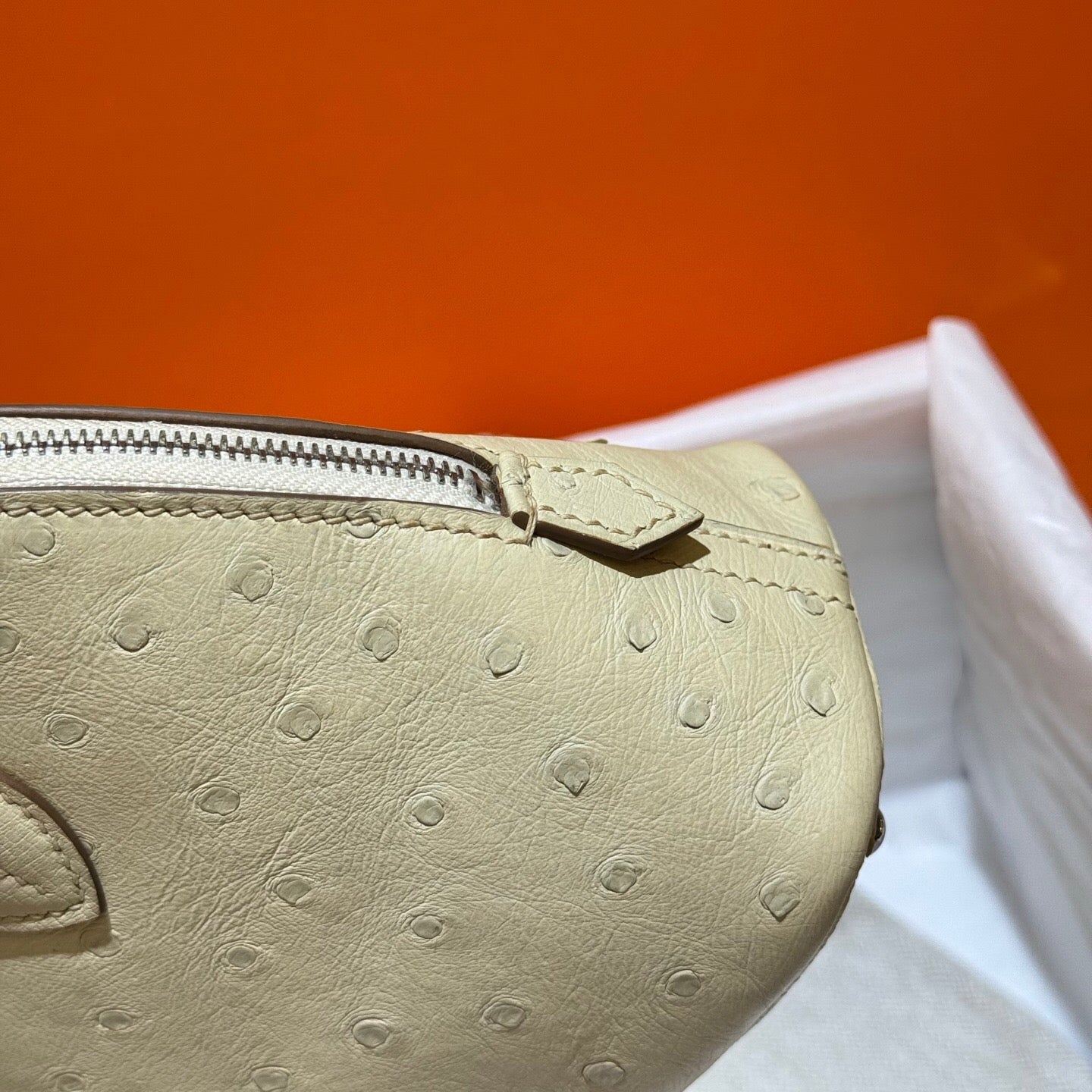 Womens Genuine Ostrich SKin Leather Shell Promennade Trapezoid Cross Body Bag  Mini