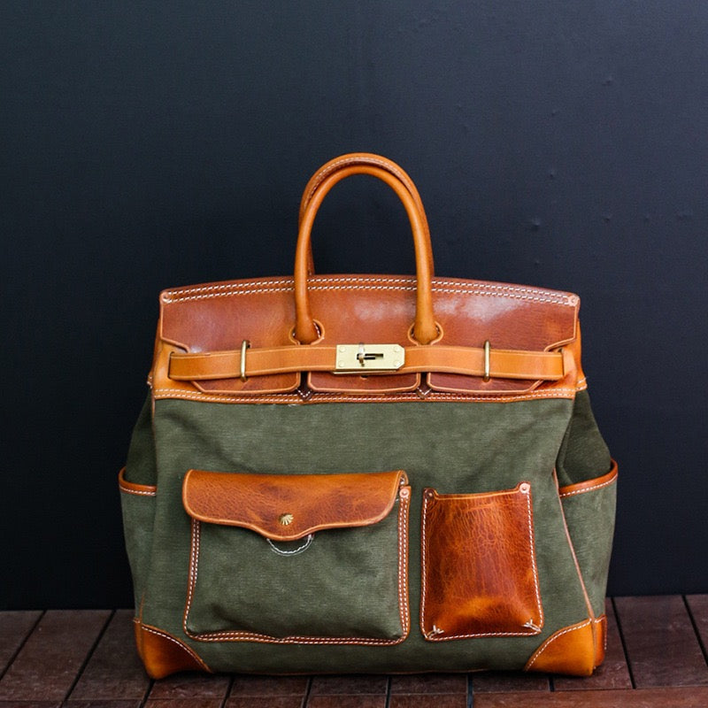 Unisex New Oversize Genuine Vintage Oil Wax Leather Top Handle Canvas Bag