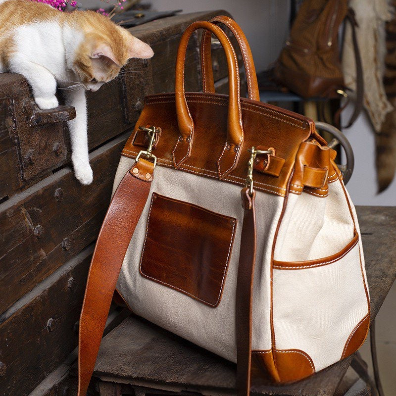 Unisex New Oversize Genuine Vintage Oil Wax Leather Top Handle Canvas Bag