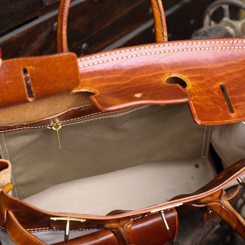 Unisex New Oversize Genuine Vintage Oil Wax Leather Top Handle Canvas Bag