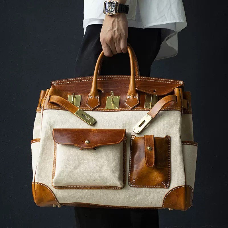 Unisex New Oversize Genuine Vintage Oil Wax Leather Top Handle Canvas Bag