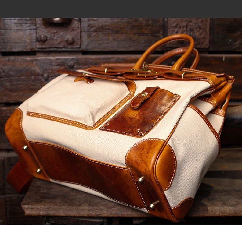 Unisex New Oversize Genuine Vintage Oil Wax Leather Top Handle Canvas Bag