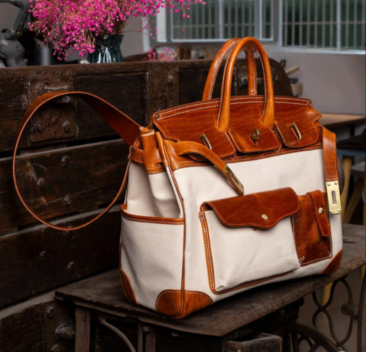 Unisex New Oversize Genuine Vintage Oil Wax Leather Top Handle Canvas Bag
