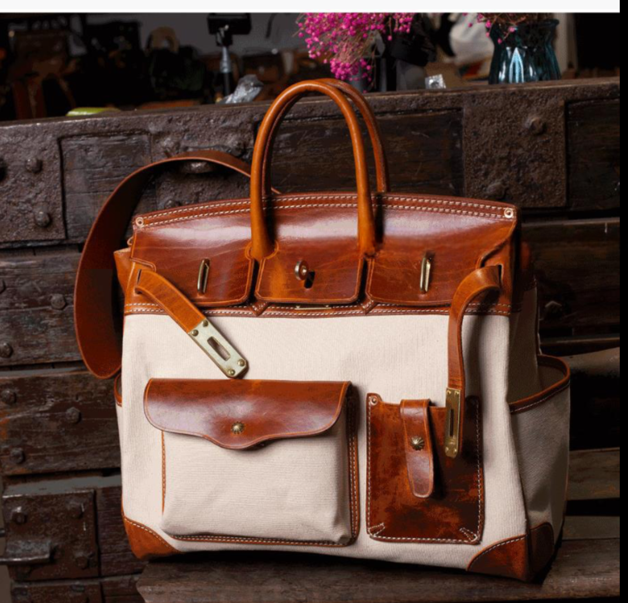 Unisex New Oversize Genuine Vintage Oil Wax Leather Top Handle Canvas Bag