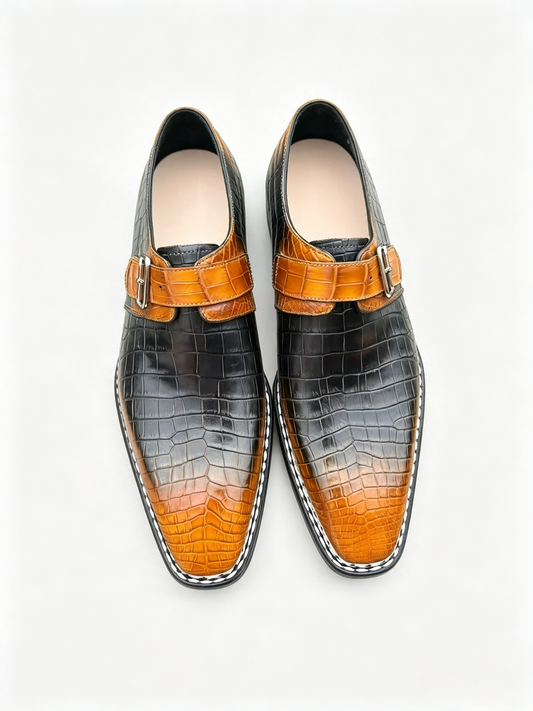 Men's Norwegian Sewn Vintage Crocodile Leather Monk Strap Business Dress Shoes