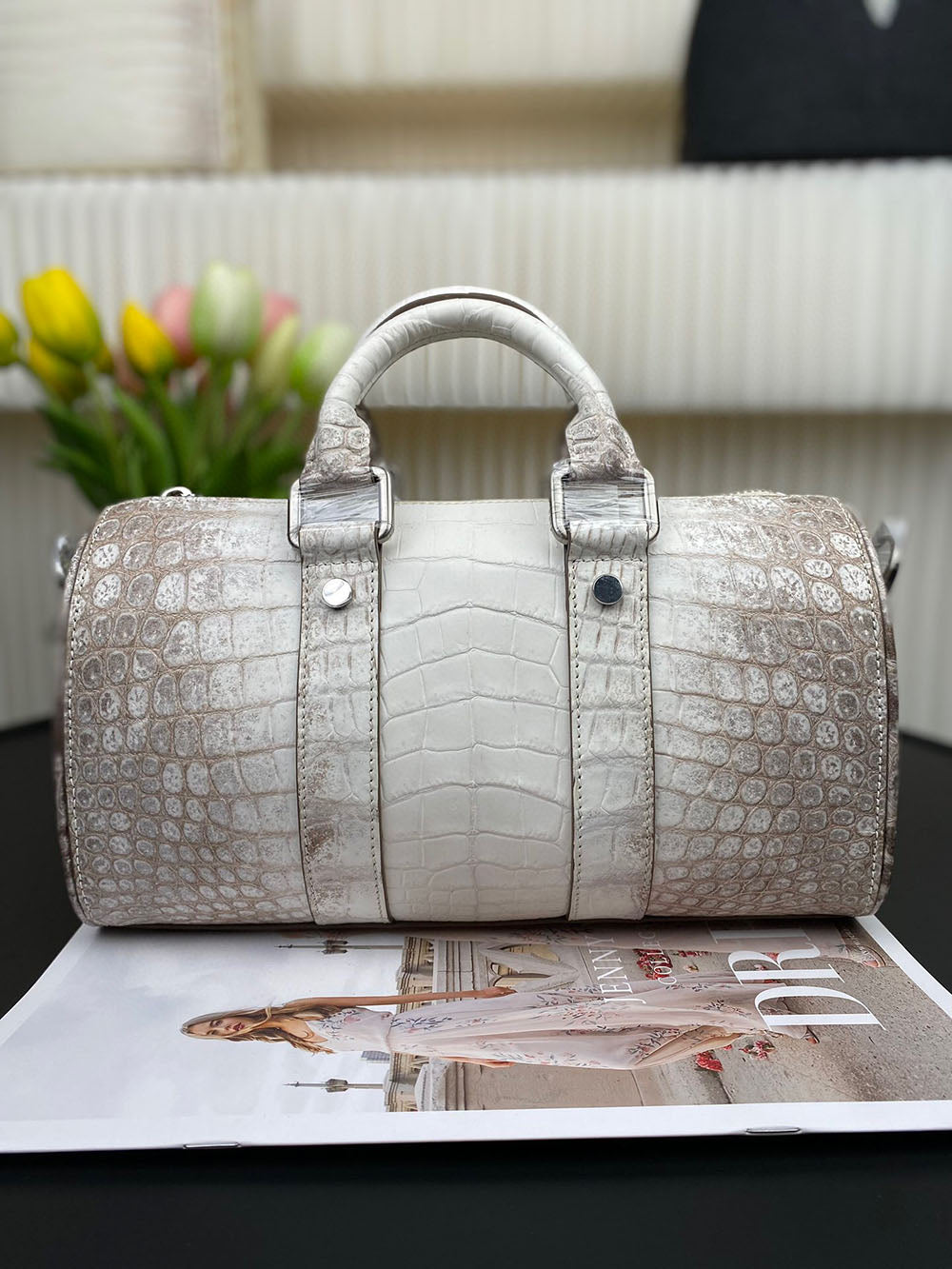Unisex Himalaya white genuine crocodile leather Boston satchel handbag by Rossie Viren, showcasing textured crocodile skin and structured design.