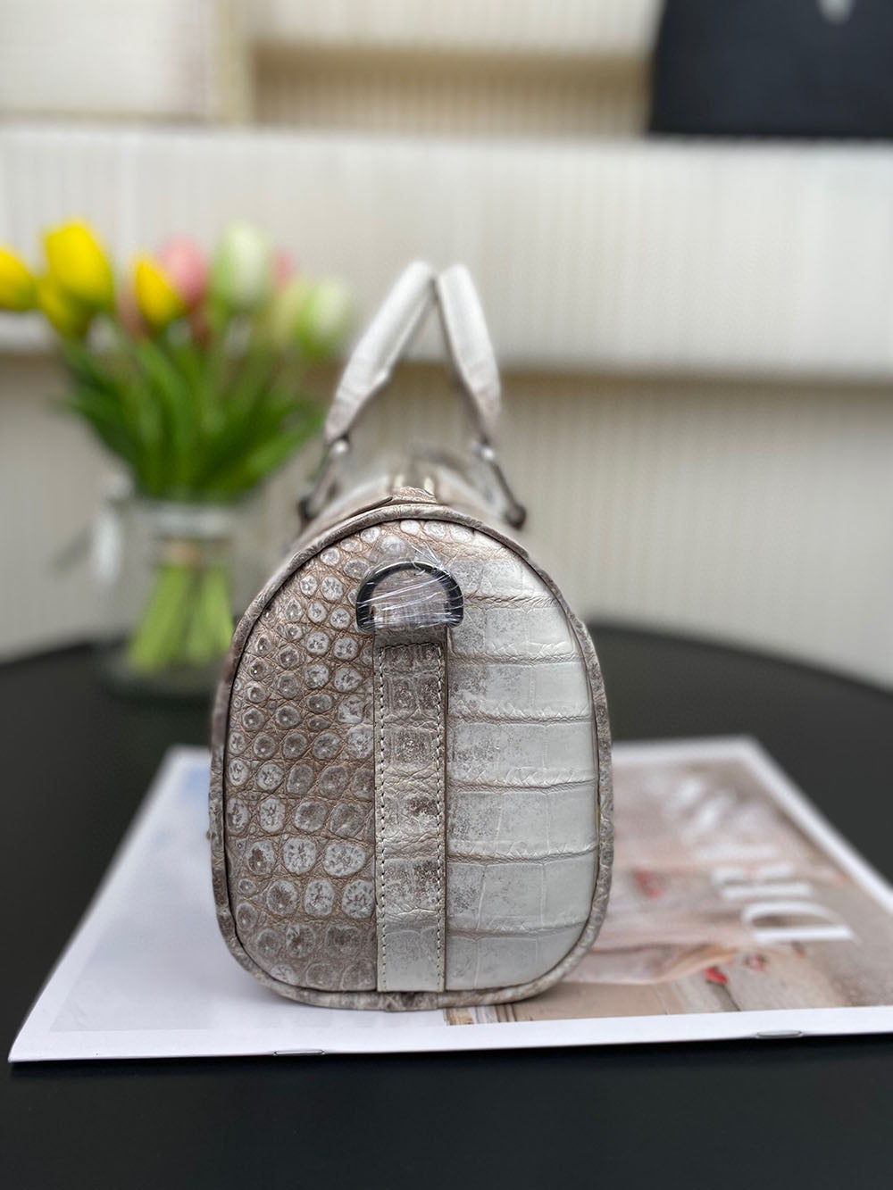 Unisex Himalaya white genuine crocodile leather Boston satchel handbag by Rossie Viren showing textured crocodile skin and structured design.