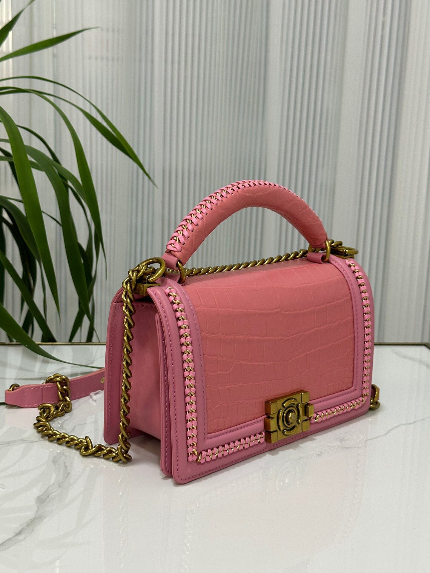 Genuine Crocodile Leather Top Handle Cross Body Flap Chain Bag Pink