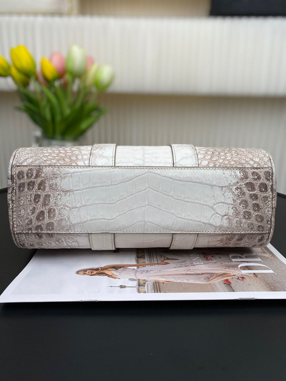 Unisex Himalaya white genuine crocodile leather Boston satchel handbag by Rossie Viren with sturdy handles and sleek design.