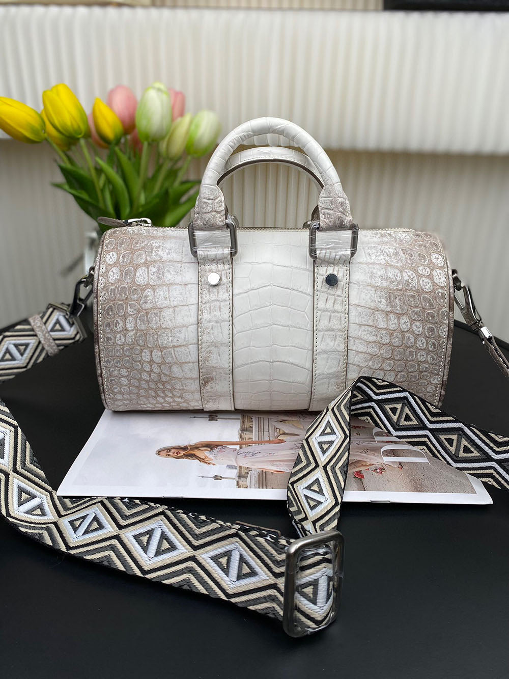 Unisex Himalaya white genuine crocodile leather Boston satchel handbag by Rossie Viren, showcasing textured crocodile skin and sturdy handles.