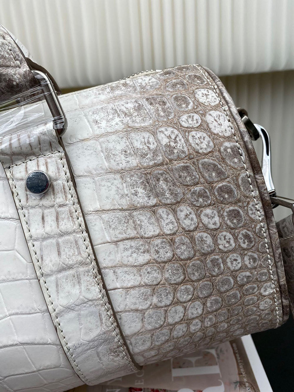 Unisex Himalaya white genuine crocodile leather Boston satchel handbag by Rossie Viren, featuring a structured design and textured surface.