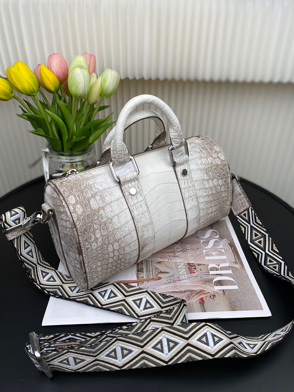 Unisex Himalaya white genuine crocodile skin leather Boston satchel handbag by Rossie Viren, featuring a structured design and leather texture.