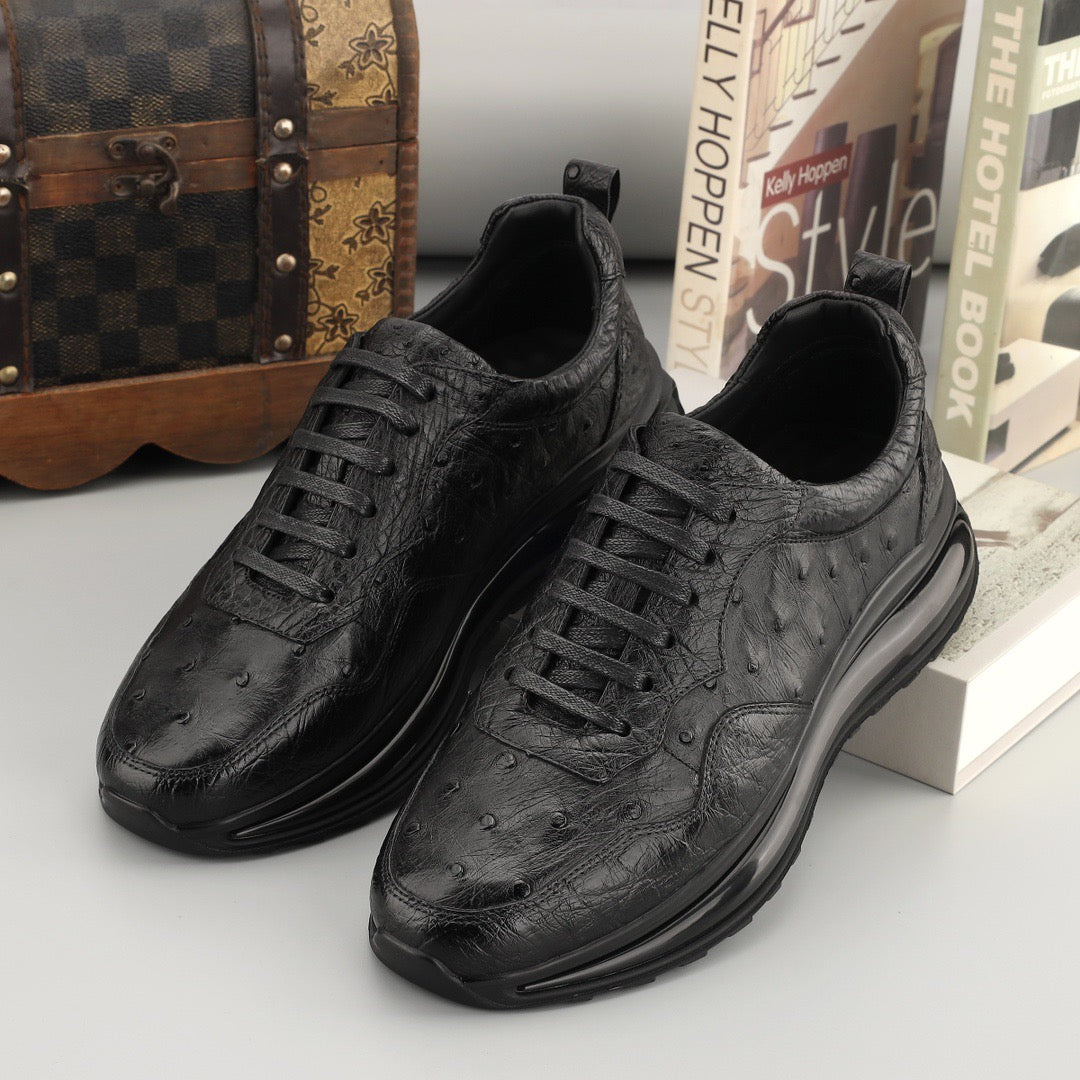 Rossie Viren men's ostrich leather lace-up sneakers with stylish design and durable shoes, shown in a close-up shot.