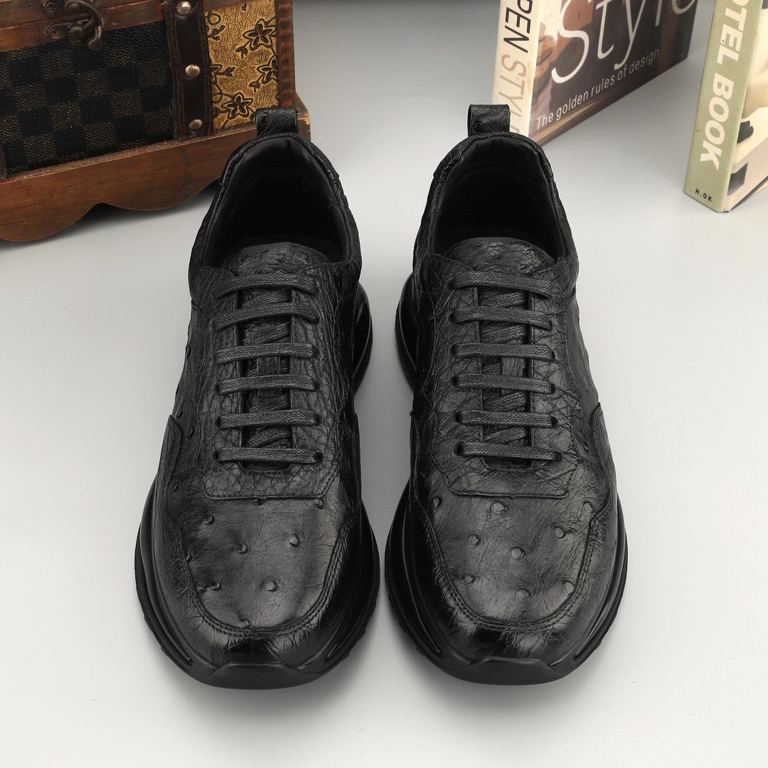 Men's Rossie Viren Ostrich Leather Sneakers with lace-up design, stylish black shoes for casual wear.