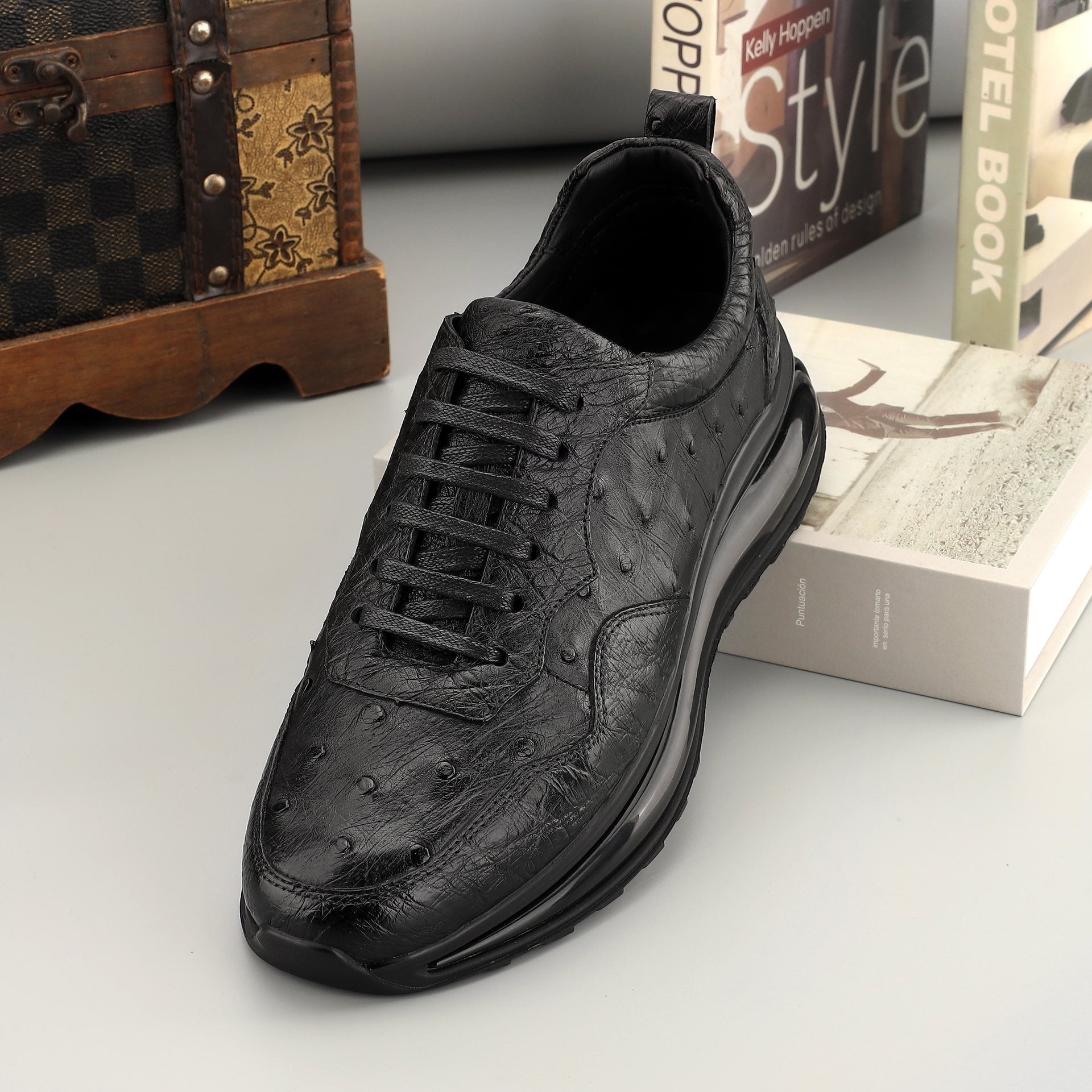 Rossie Viren men's ostrich leather sneakers with lace-up design, stylish and durable shoes for casual wear.