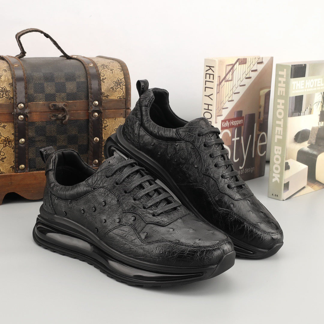 Rossie Viren men's Ostrich leather sneakers with lace-up design, showcasing stylish black shoes on a white background.