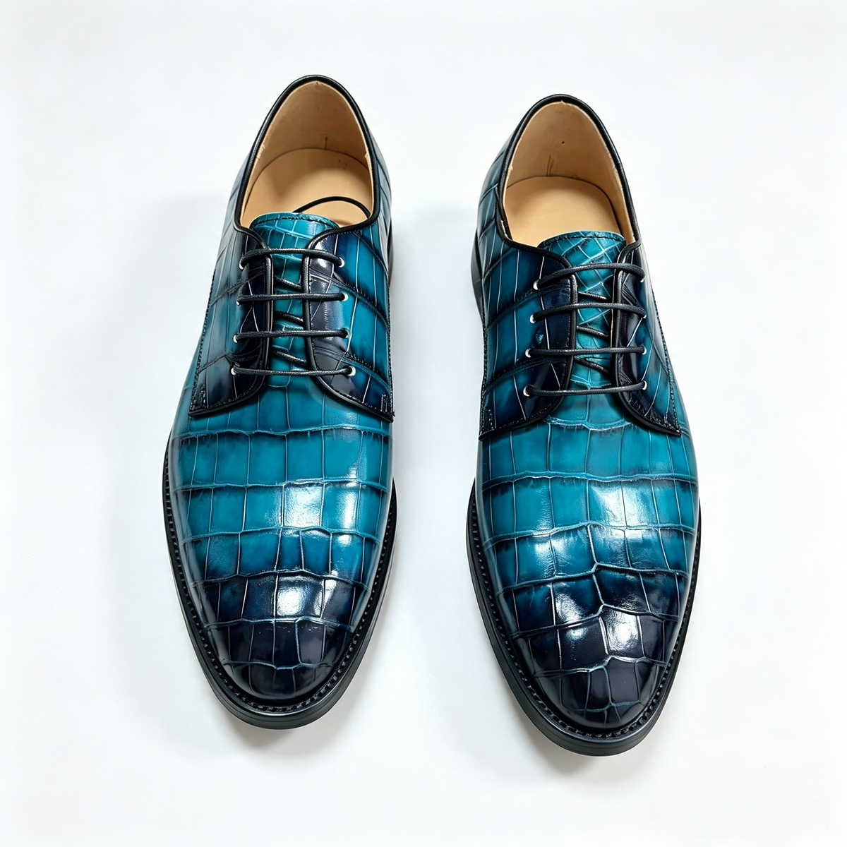 Crocodile Shoes, Men's Vintage Blue Crocodile Leather Lace Up Business Shoes