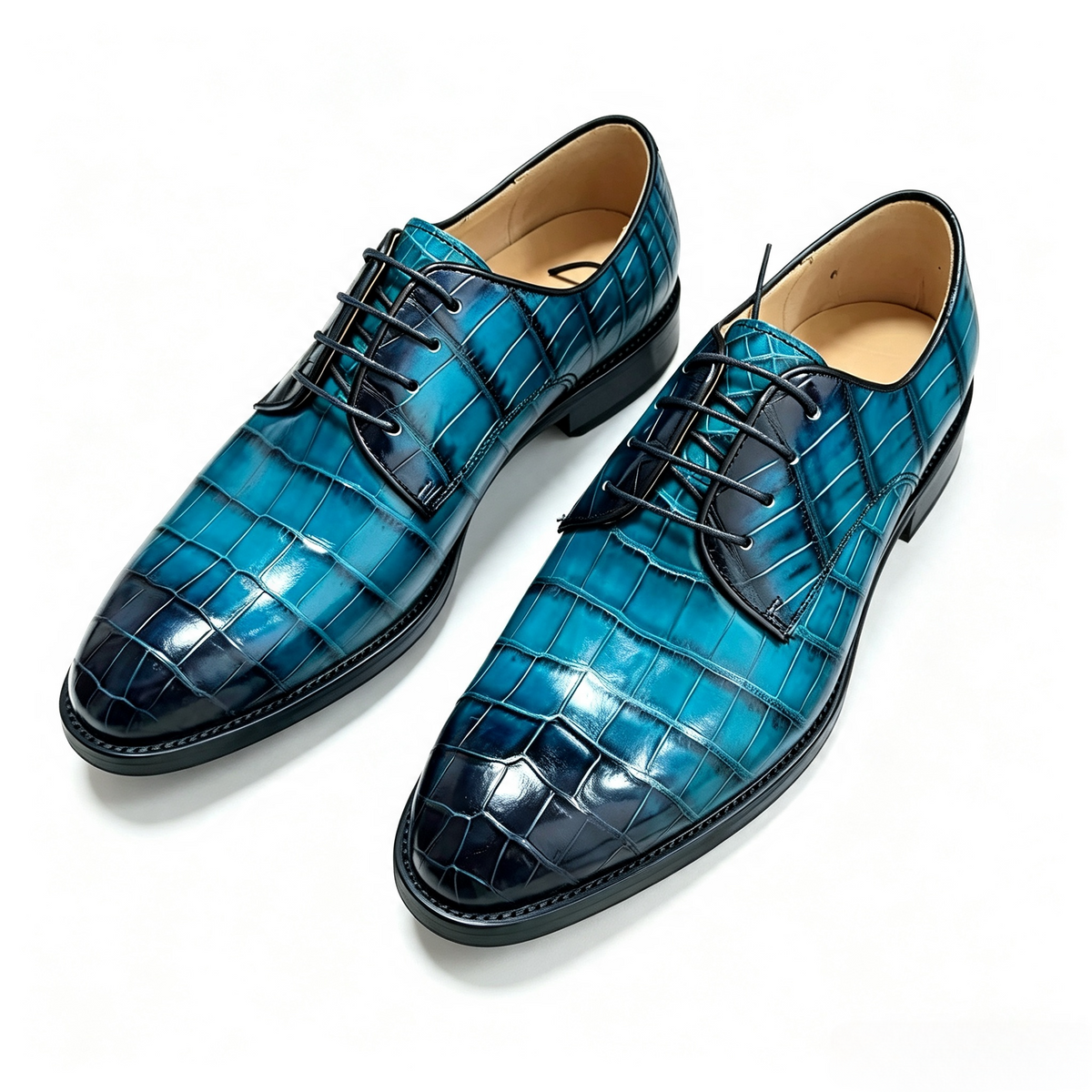 Crocodile Shoes, Men's Vintage Blue Crocodile Leather Lace Up Business Shoes