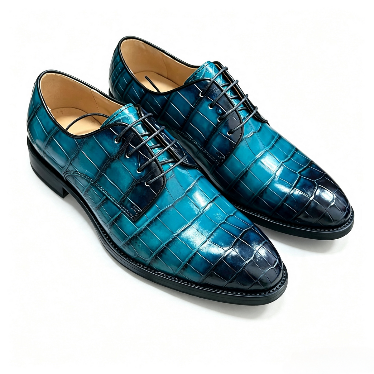 Crocodile Shoes, Men's Vintage Blue Crocodile Leather Lace Up Business Shoes