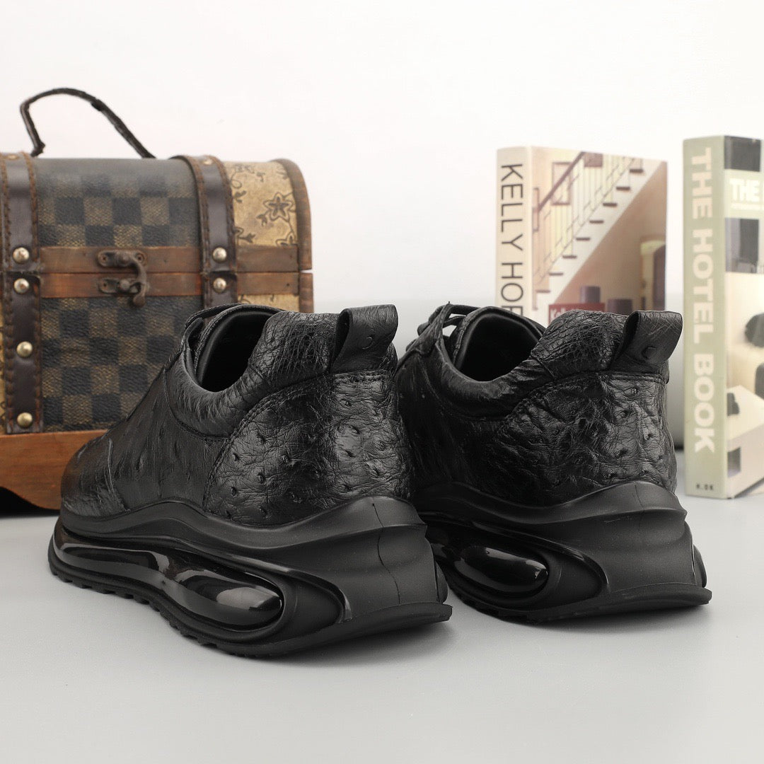 Rossie Viren men's Ostrich leather sneakers with lace-up design, showcasing stylish black shoes with textured leather finish.