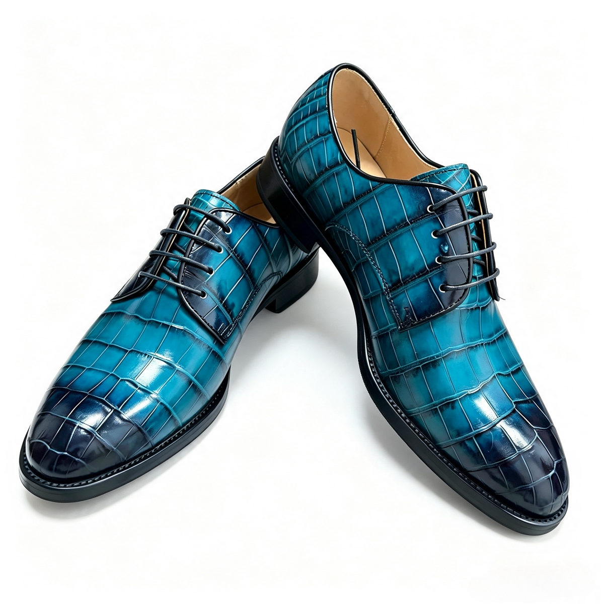 Crocodile Shoes, Men's Vintage Blue Crocodile Leather Lace Up Business Shoes