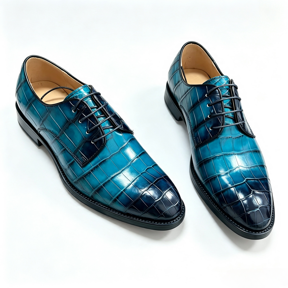 Crocodile Shoes, Men's Vintage Blue Crocodile Leather Lace Up Business Shoes
