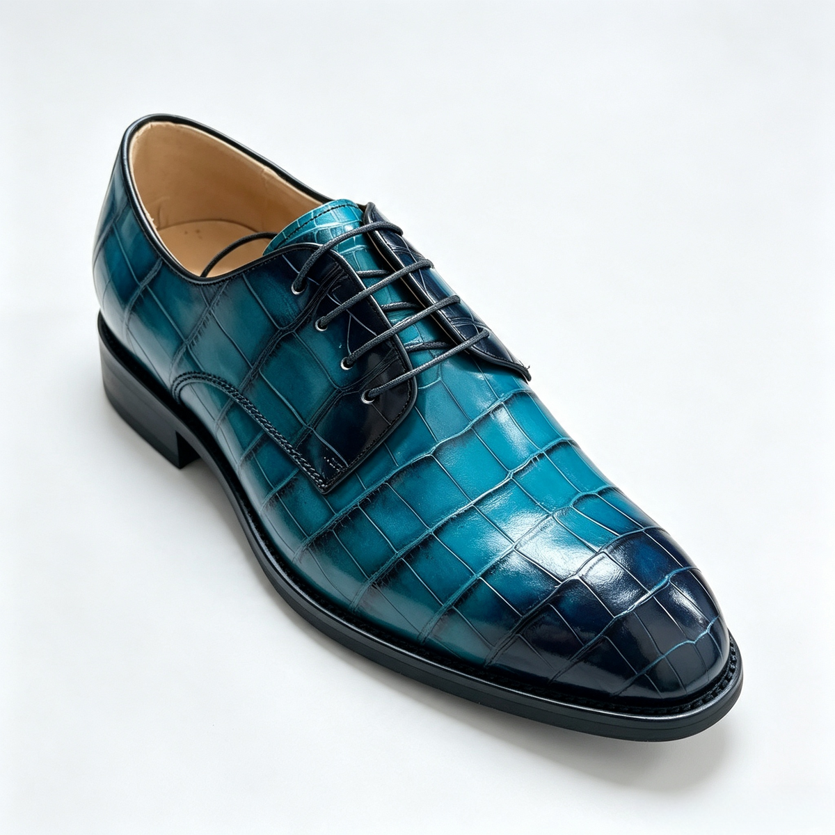 Crocodile Shoes, Men's Vintage Blue Crocodile Leather Lace Up Business Shoes
