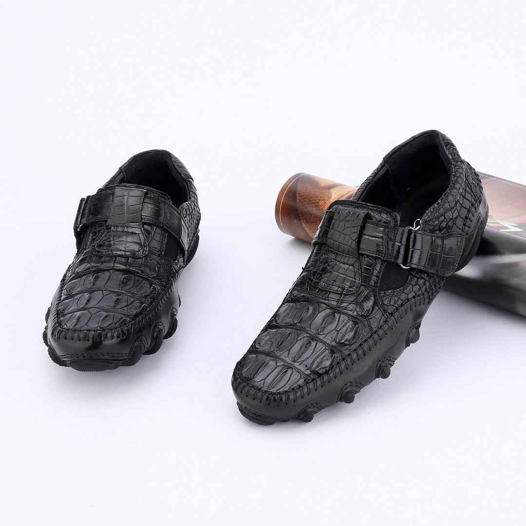 Rossie Viren crocodile leather loafers with casual driving shoe design, featuring a polished finish and detailed crocodile pattern.