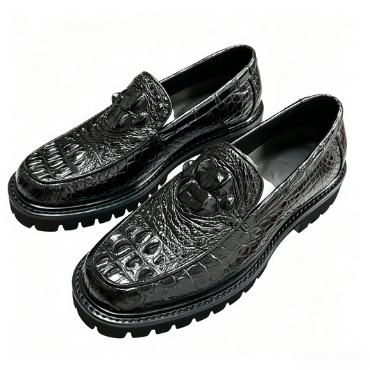 Crocodile Shoes, Men's Crocodile Back Leather Slip-On Loafer Shoes Black