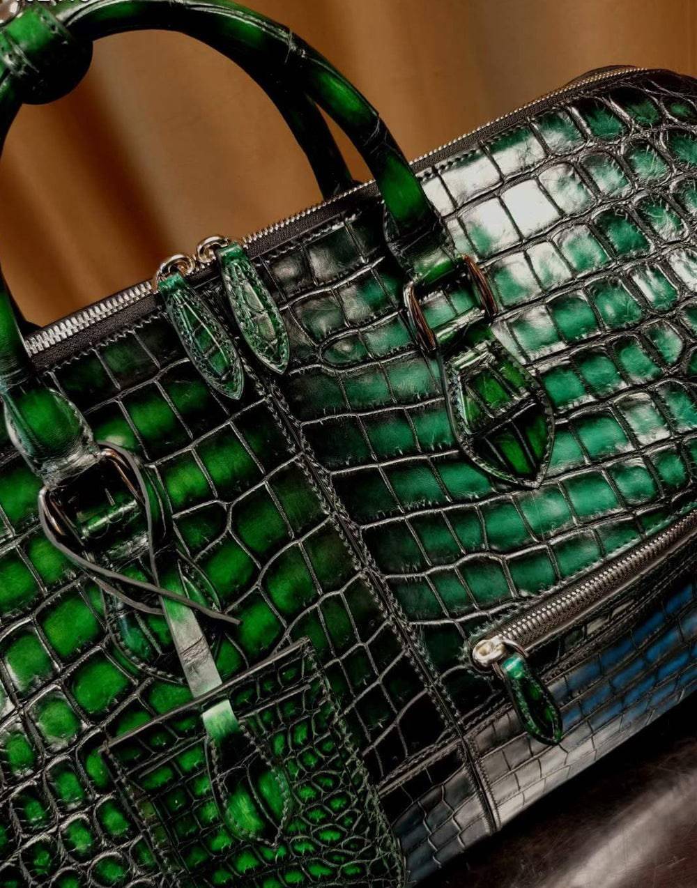 Unisex Vintage Green / Blue Crocodile Leather Travel Duffel Bag