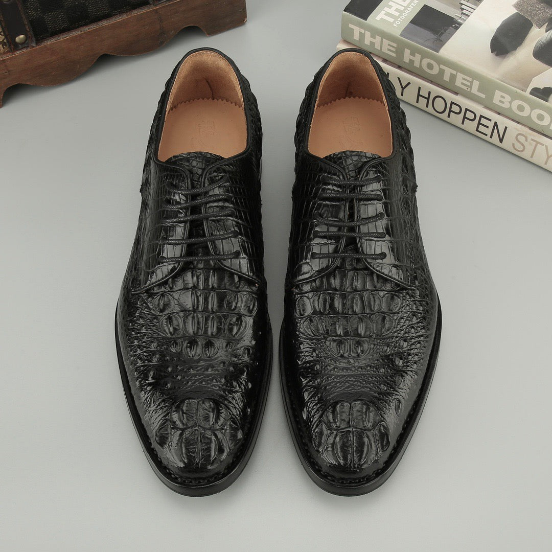 Mens Rossie Viren crocodile leather lace-up dress shoes with cap toe and Goodyear sole, showcasing their polished, luxurious design.