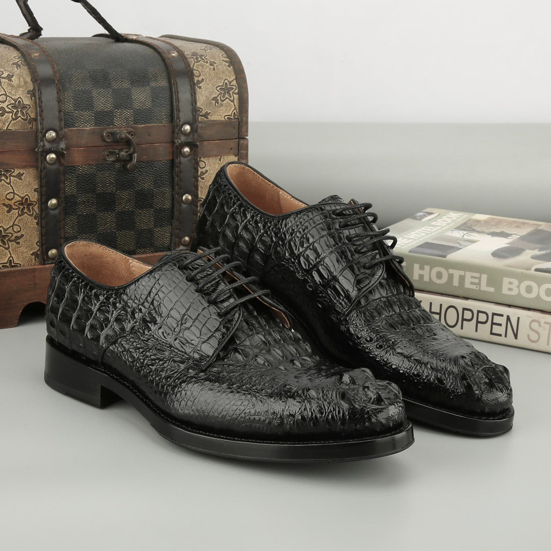 Rossie Viren men's crocodile leather dress shoes with cap toe, lace-up style, and Goodyear sole.
