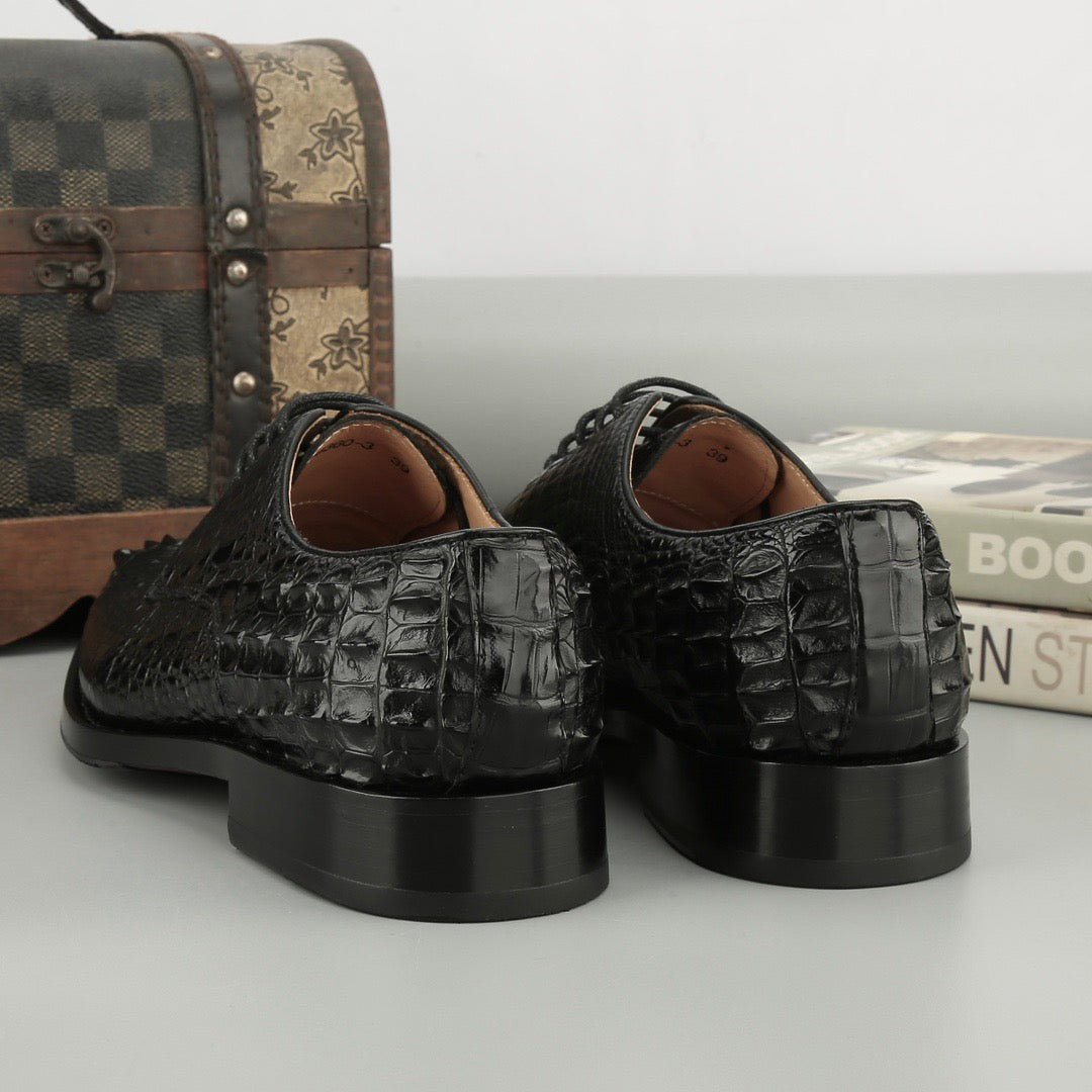 Men's crocodile leather dress shoes with cap toe and lace-up design by Rossie Viren, featuring Goodyear soles.