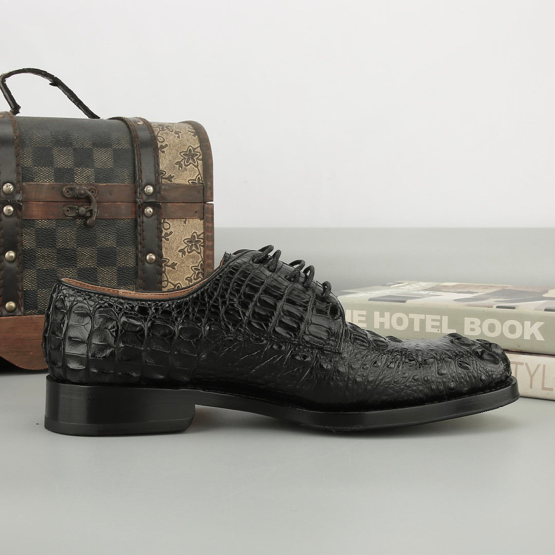 Rossie Viren men's crocodile leather dress shoes with cap toe, lace-up style and Goodyear sole, featuring elegant crocodile texture.