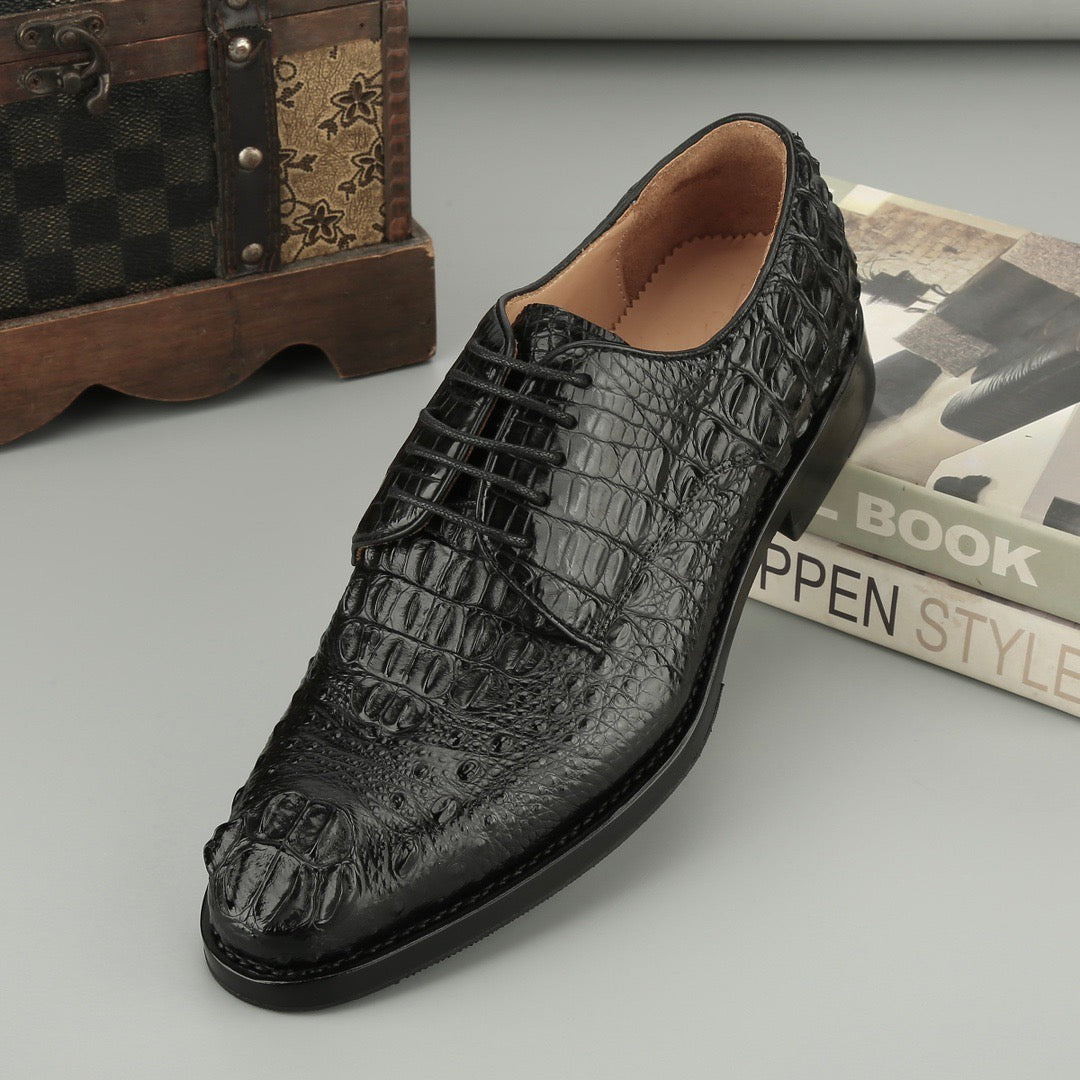 Rossie Viren men's crocodile leather dress shoes with cap toe, lace-up design, and Goodyear sole.