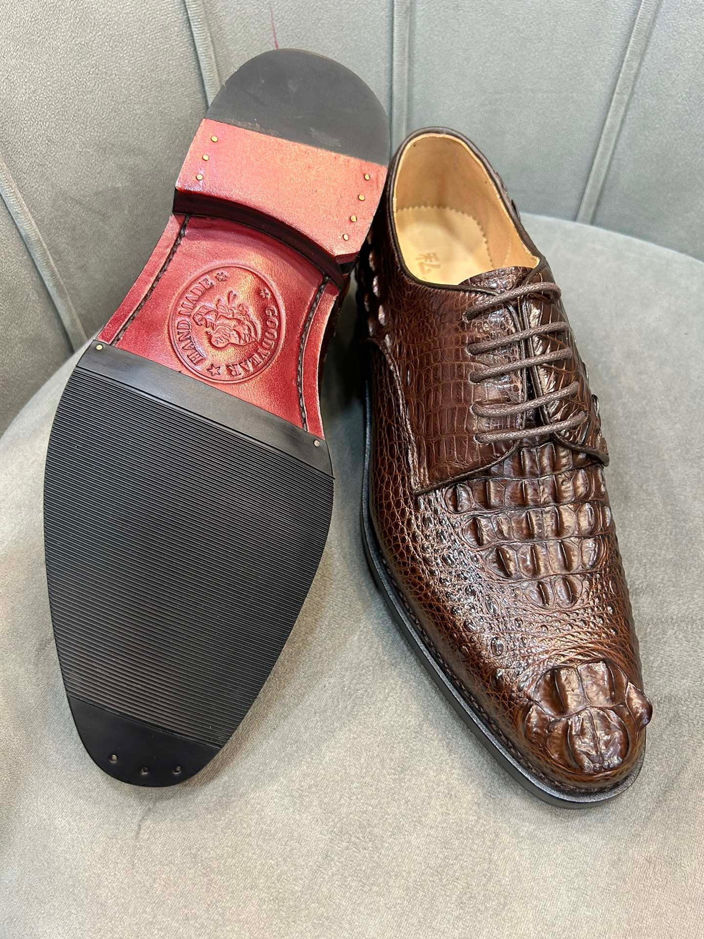 Rossie Viren men's crocodile leather dress shoes with cap toe, lace-up design, and Goodyear sole.