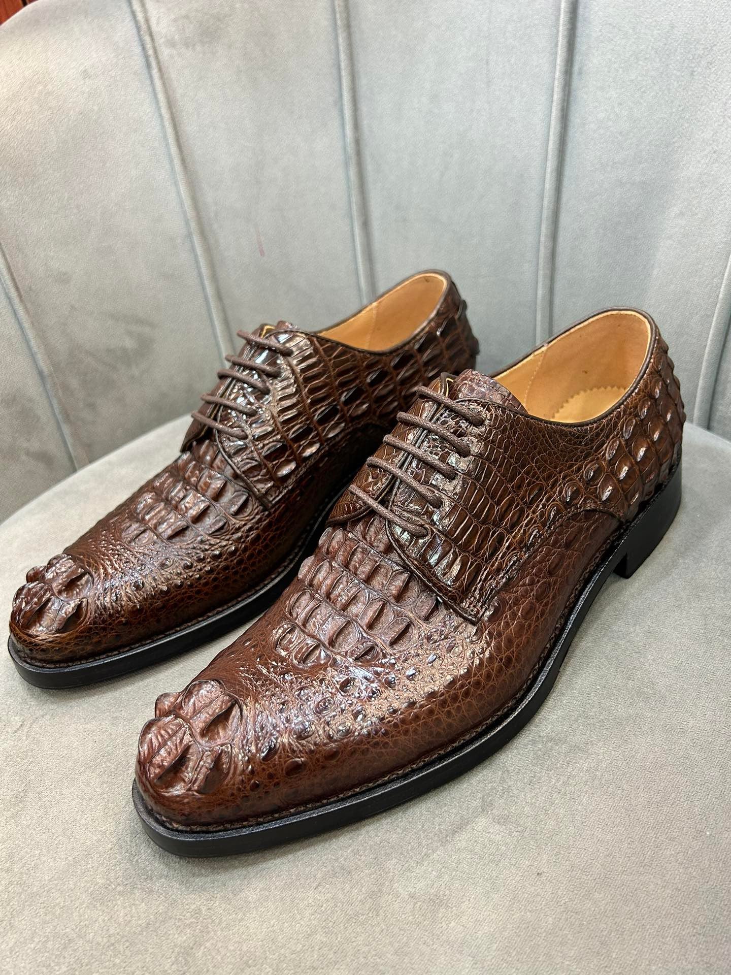 Rossie Viren men's crocodile leather dress shoes with cap toe, lace-up design, and Goodyear sole.