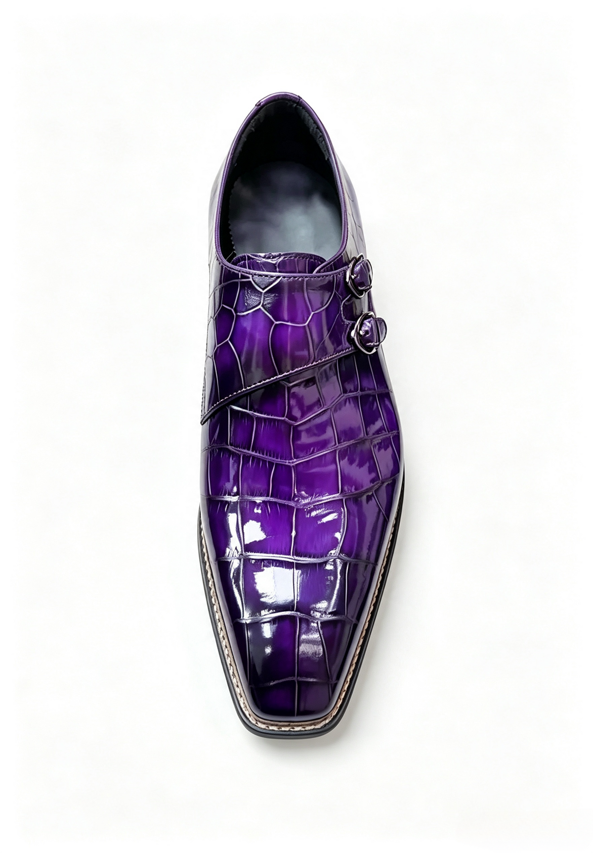 Men's Norwegian Sewn Crocodile Leather Double Monk Strap Business Dress Shoes Purple