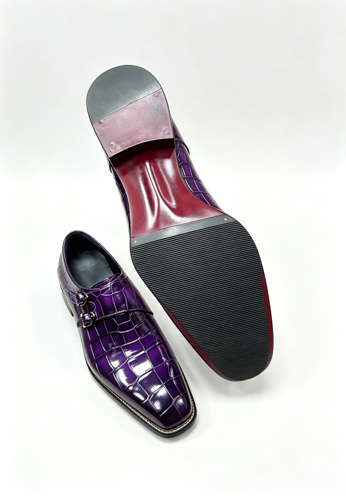 Men's Norwegian Sewn Crocodile Leather Double Monk Strap Business Dress Shoes Purple