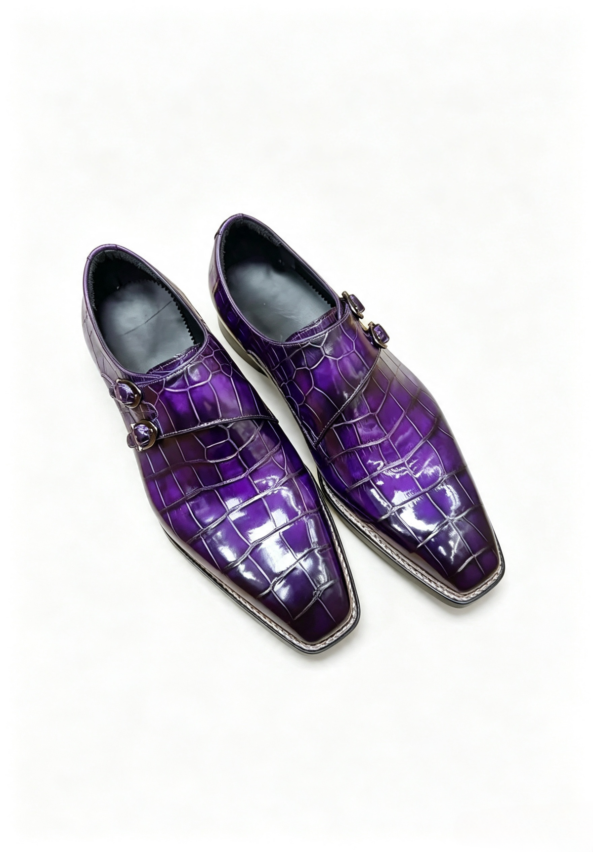Men's Norwegian Sewn Crocodile Leather Double Monk Strap Business Dress Shoes Purple