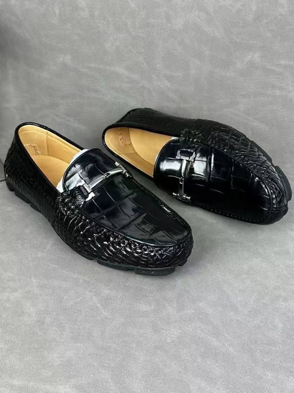 Black Rossie Viren crocodile leather men's penny loafer dress shoes with sleek finish and classic style.