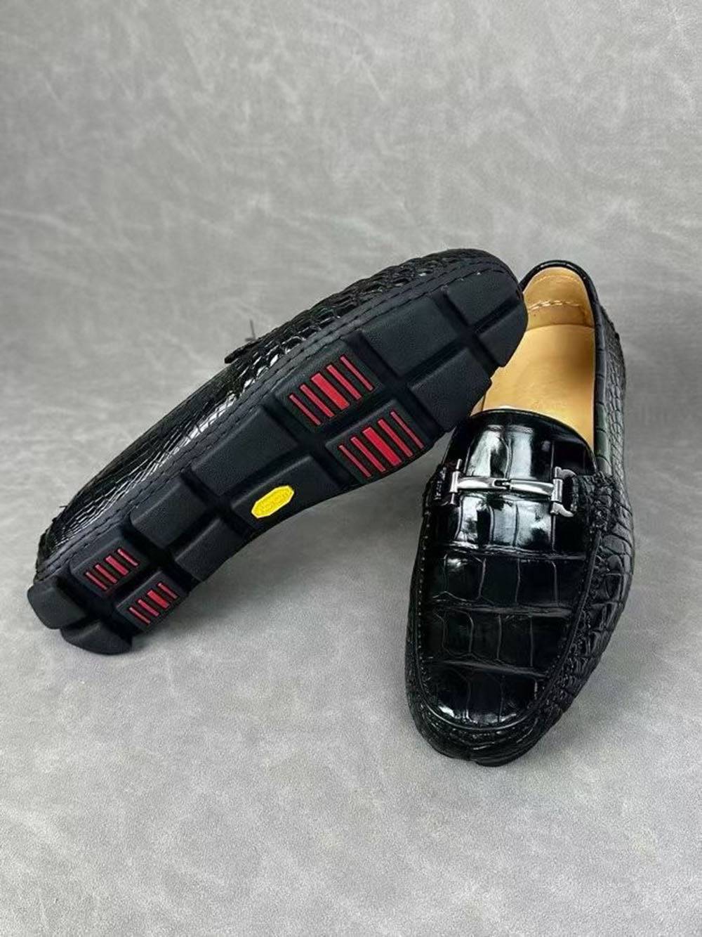 Black crocodile leather men's penny loafer dress shoes by Rossie Viren, featuring a sleek, textured crocodile pattern and polished finish.