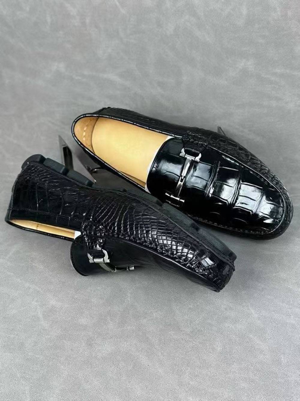 Black crocodile leather men's penny loafer dress shoes by Rossie Viren, featuring sleek design and textured leather finish.